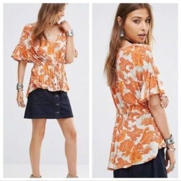 Free People Tops - FREE PEOPLE Orange Beige Floral Flutter Sleeve Waist Tie V-Neck Blouse Top Small